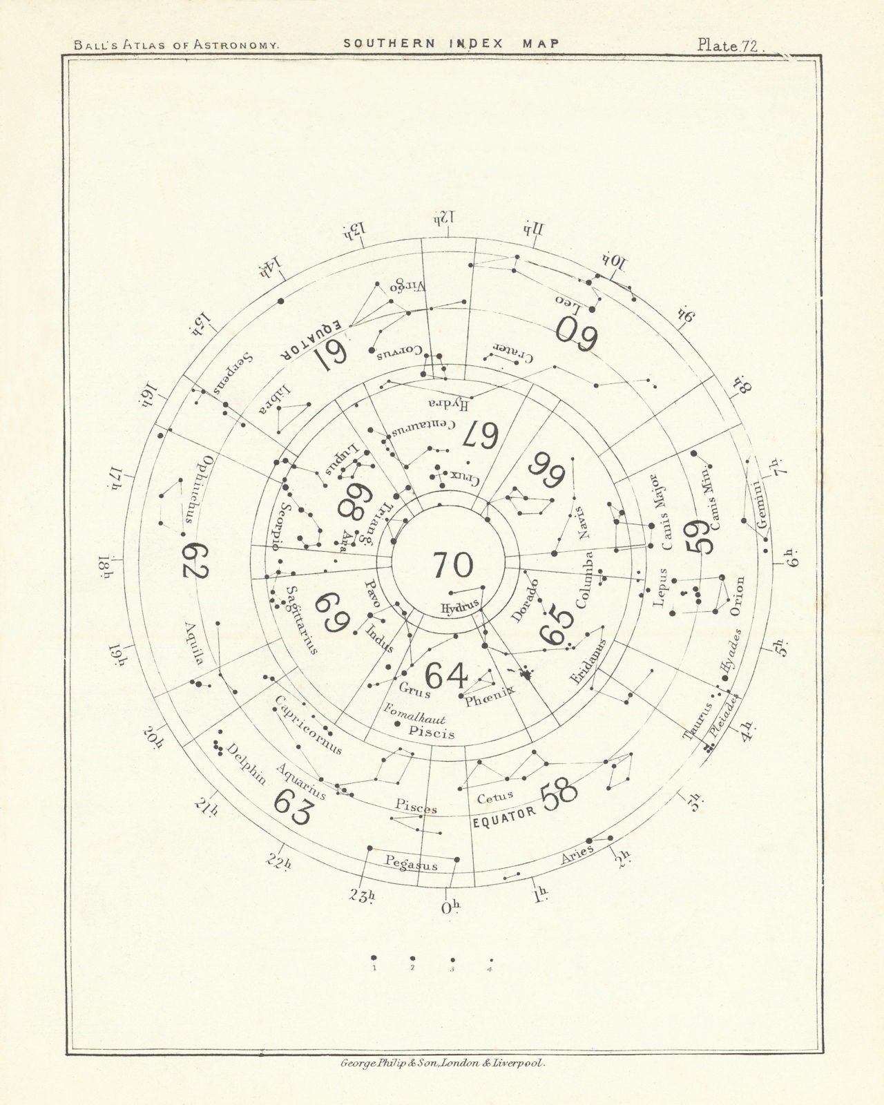 Night Sky Star Chart. Southern Index Map by Robert Ball. Astronomy 1892
